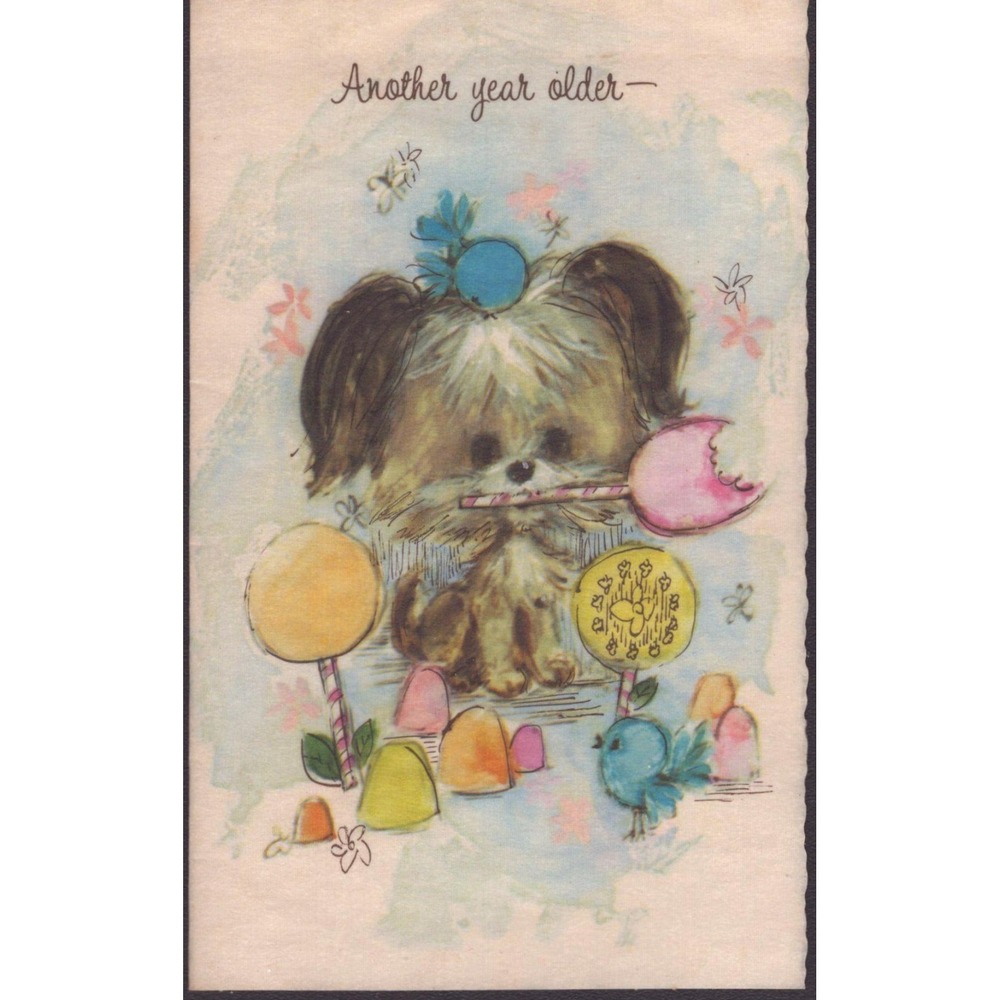 Vintage 1950s Birthday Card American Greetings Puppy Lollipops Used